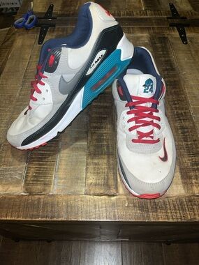 Nike Men's White Gray Navy Teal Athletic Sneakers with Red Accents